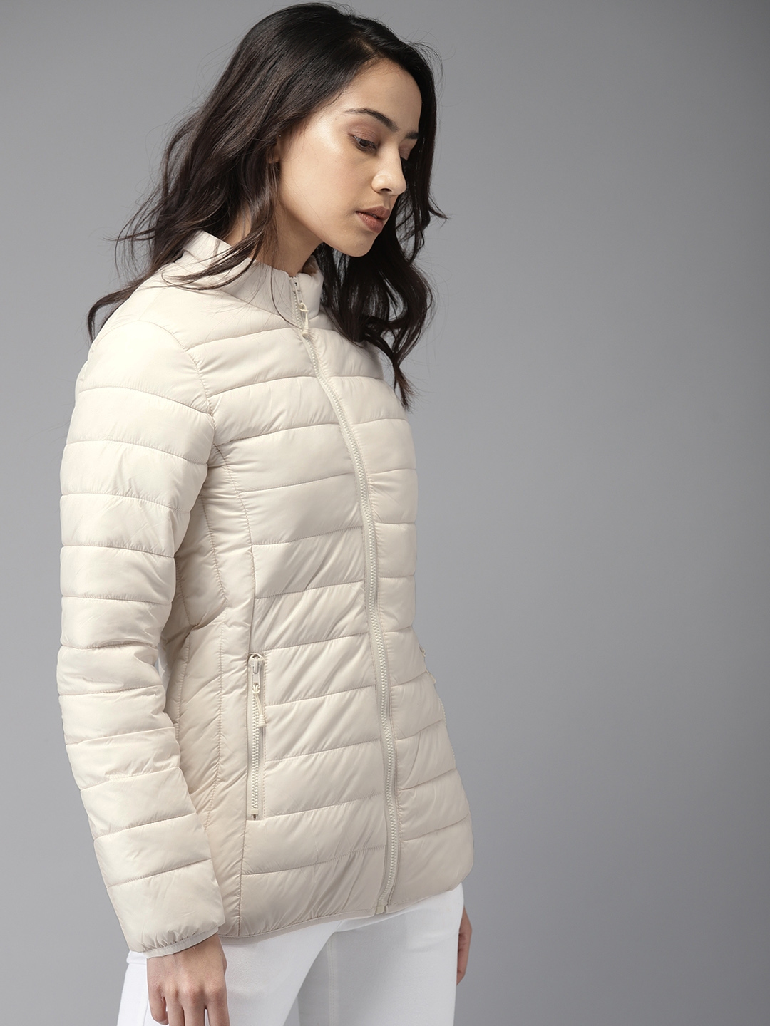 Buy Moda Rapido Women Cream Coloured Solid Puffer Jacket - Jackets for ...