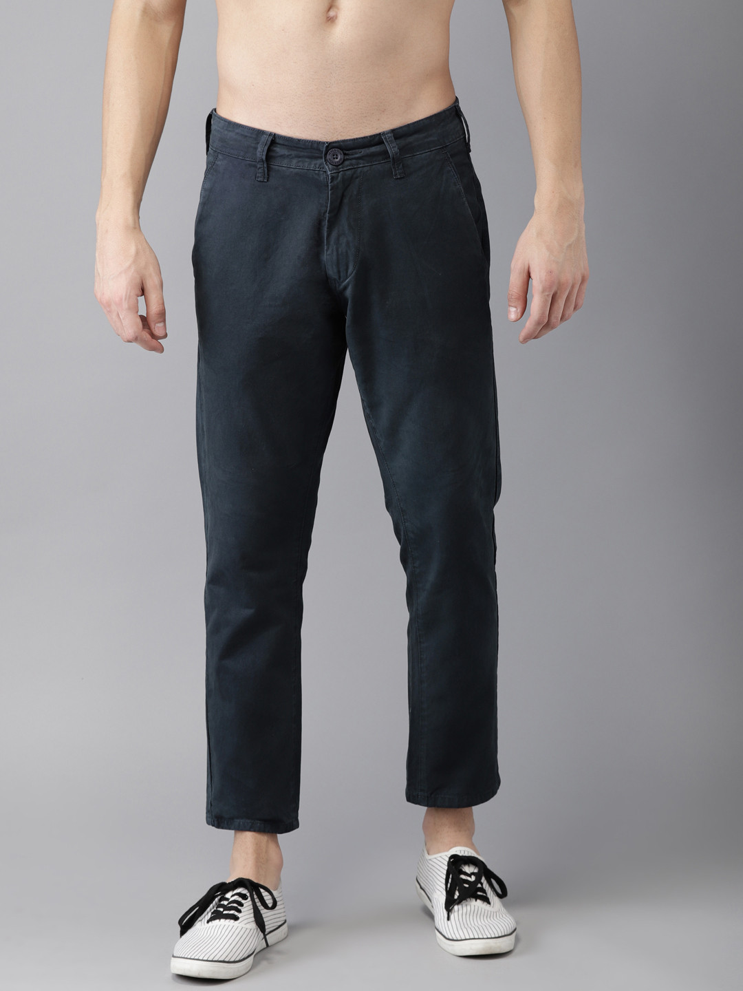 Buy HERE&NOW Men Navy Blue Slim Fit Solid Cropped Chinos - Trousers for ...
