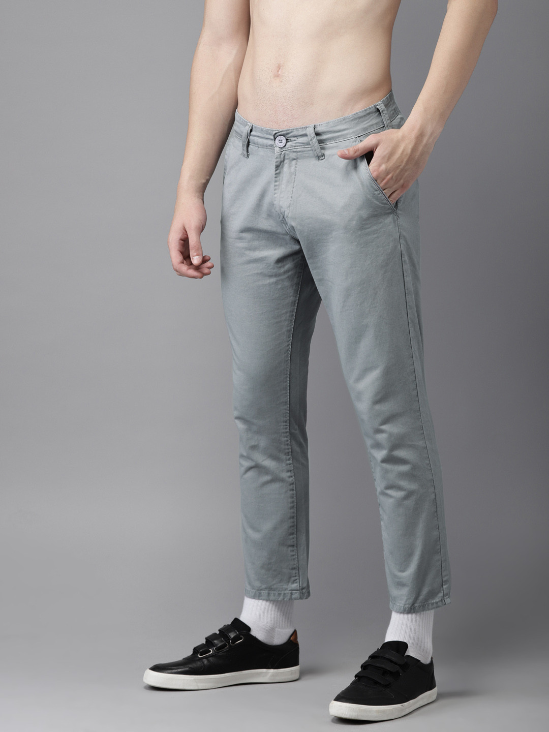 Buy HERE&NOW Men Grey Slim Fit Solid Cropped Chinos - Trousers for Men ...