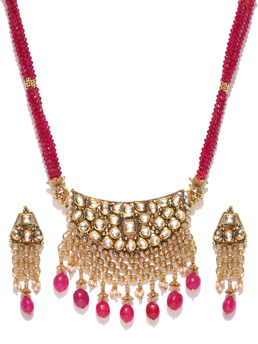 Buy Chika Gold Toned & Pink Kundan Studded Beaded Jewellery Set