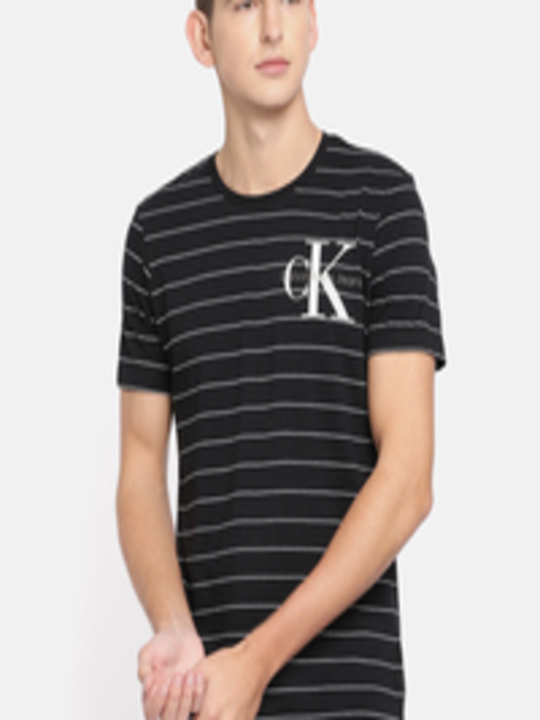 Buy Calvin Klein Jeans Men Black White Striped Round Neck Pure Cotton T ...