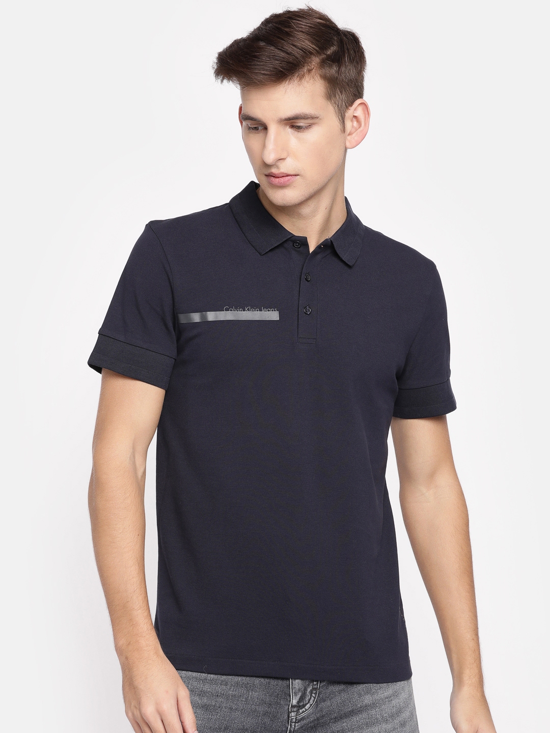 Buy Calvin Klein Jeans Men Navy Blue Solid Polo Collar T Shirt ...