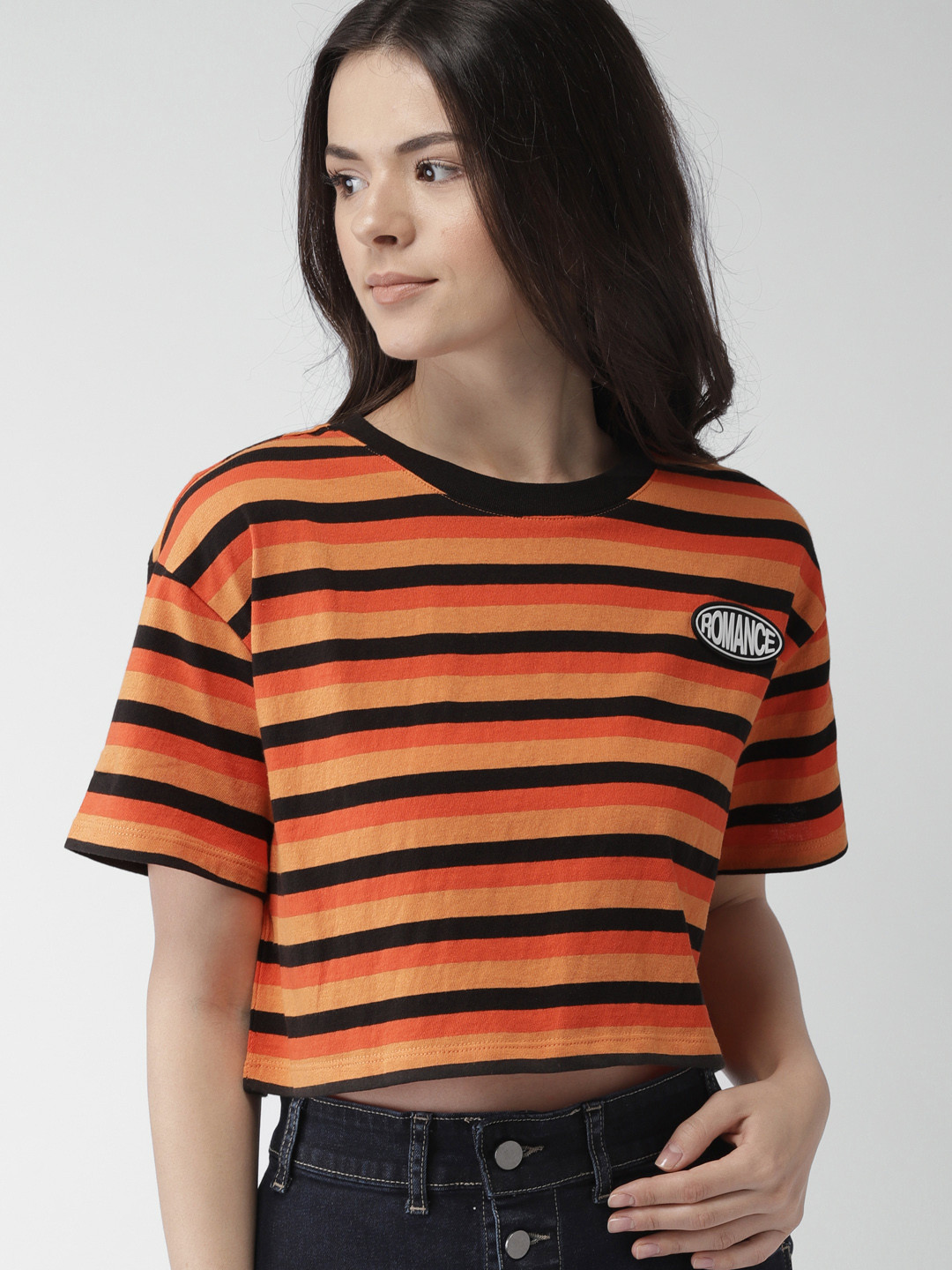 Buy FOREVER 21 Women Orange Striped Round Neck Pure Cotton T Shirt