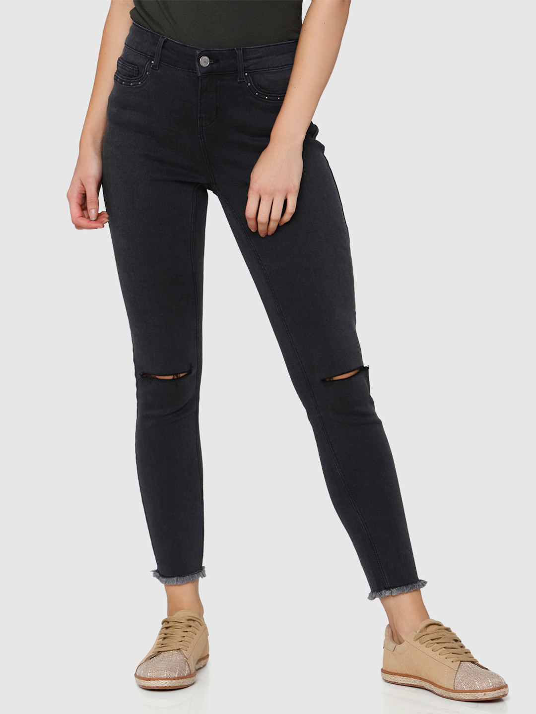 Buy Vero Moda Women Charcoal Grey Skinny Fit Mid Rise Slash Knee