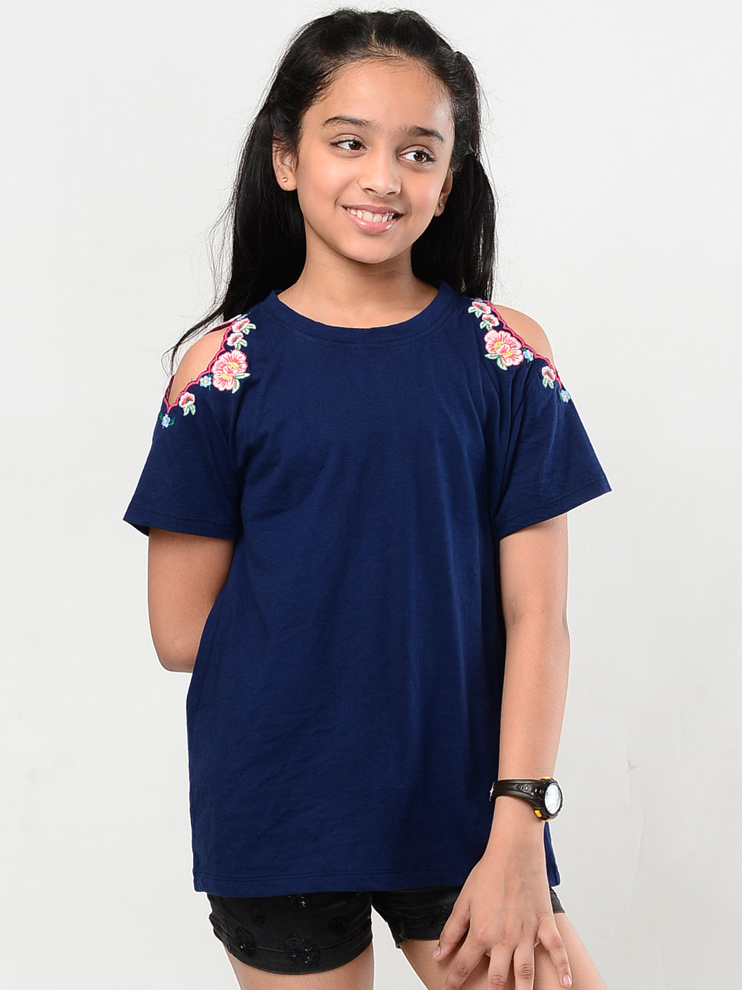 Buy Natilene Girls Navy Blue Solid Pure Cotton Top - Tops for Girls ...