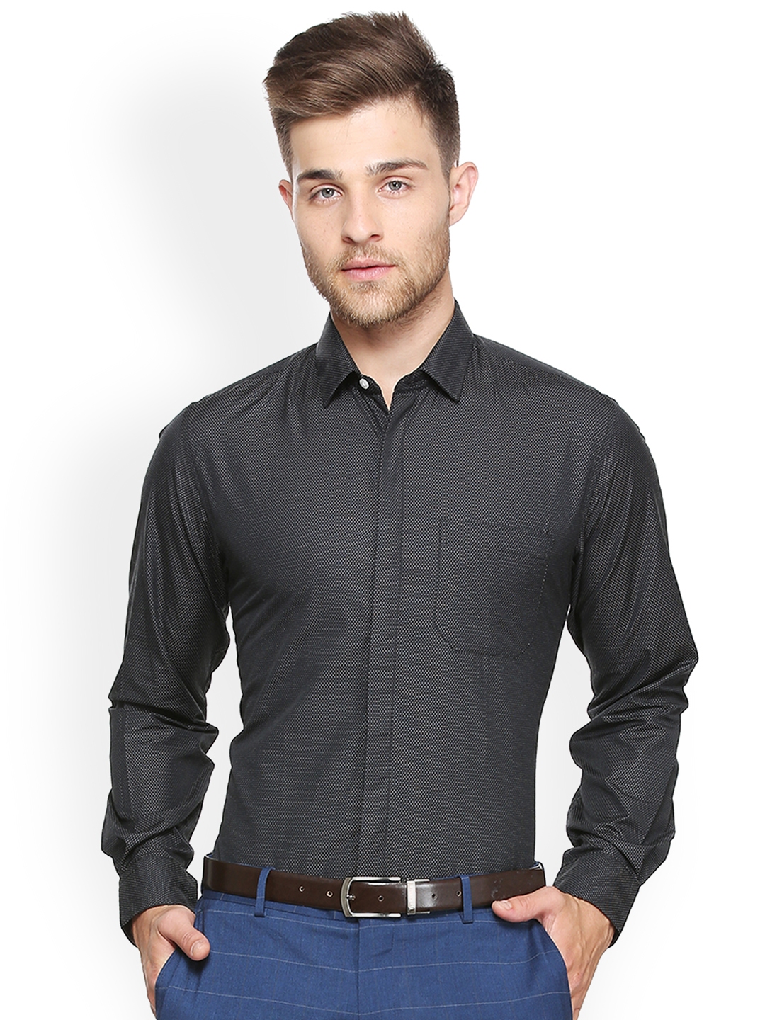 Buy Peter England Men Black Slim Fit Self Design Semiformal Shirt ...