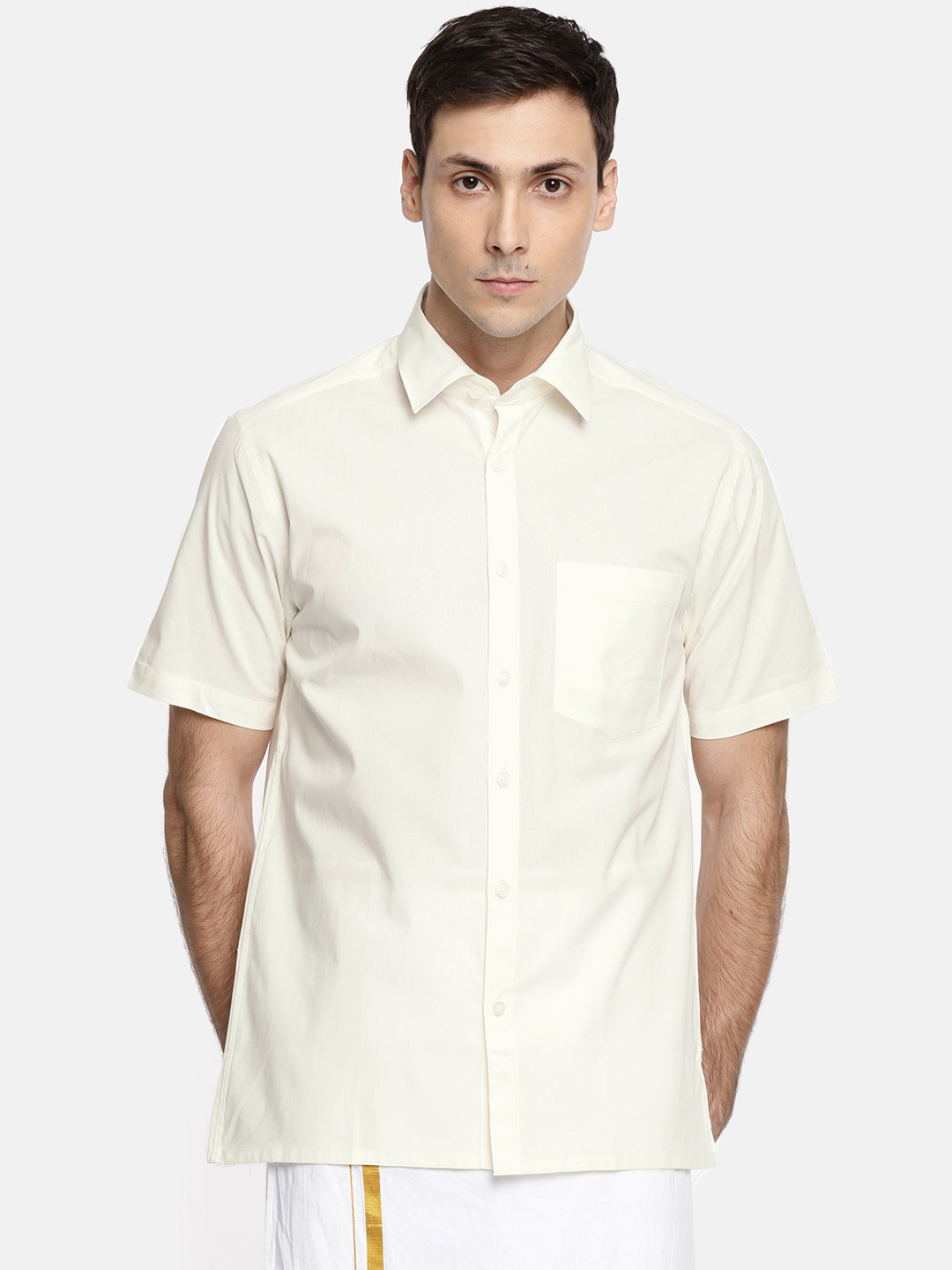 Buy The Chennai Silks Men Off White Regular Fit Solid Ethnic Shirt