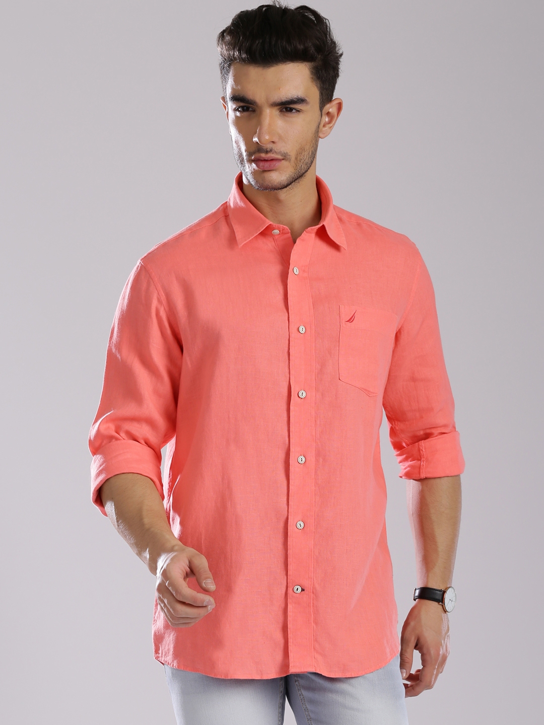 Buy Nautica Peach Coloured Linen Slim Fit Casual Shirt - Shirts for Men ...