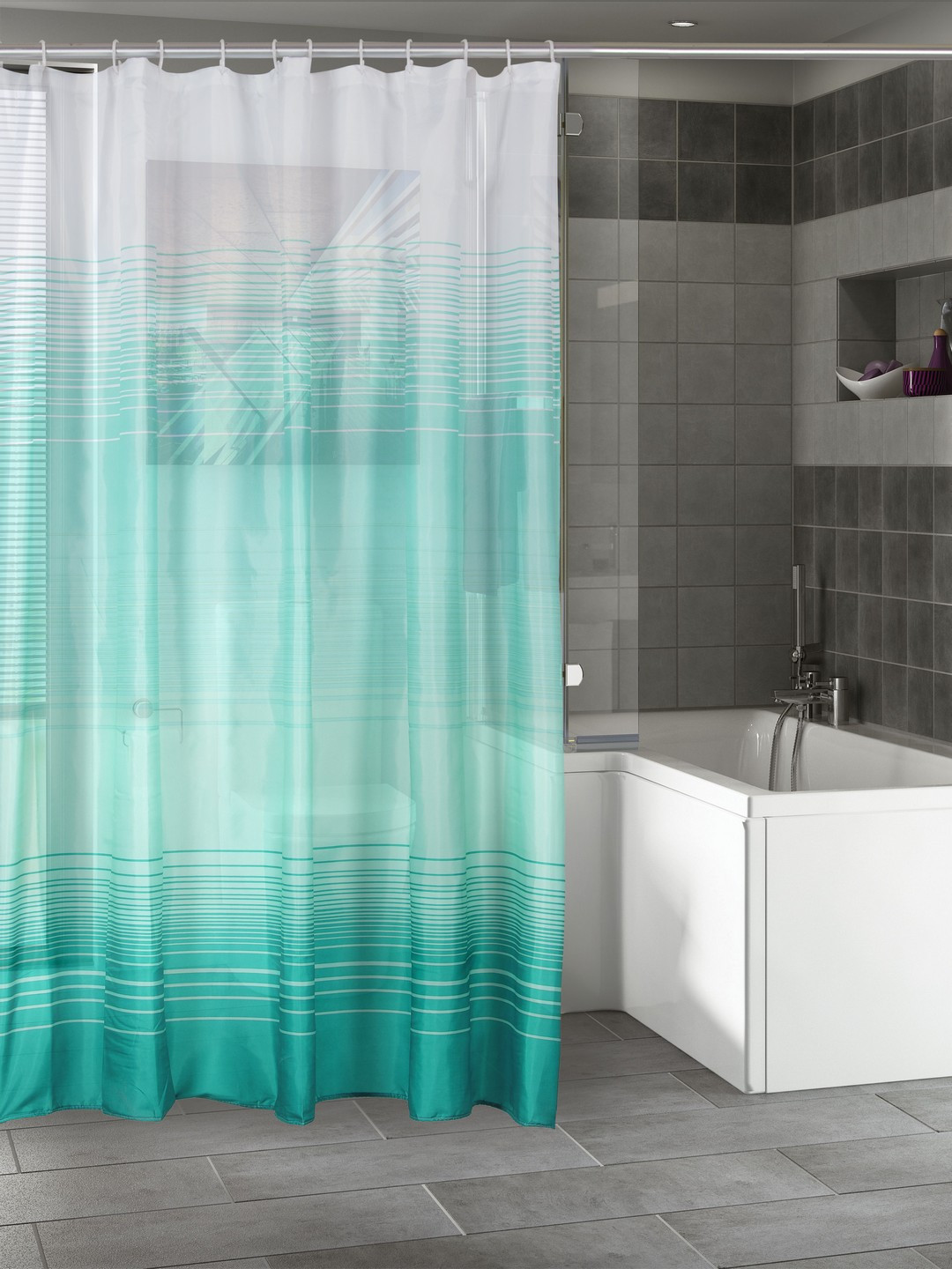 Buy BOMBAY DYEING Turquoise Blue & White Striped Shower Curtain