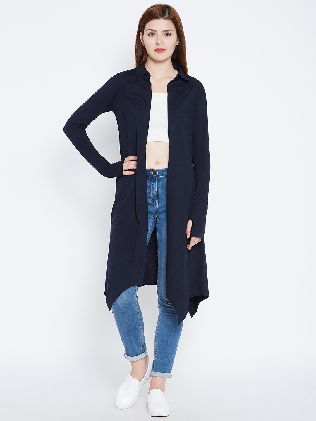 Buy Hypernation Navy Blue Solid Open Front Shrug Shrug for Women