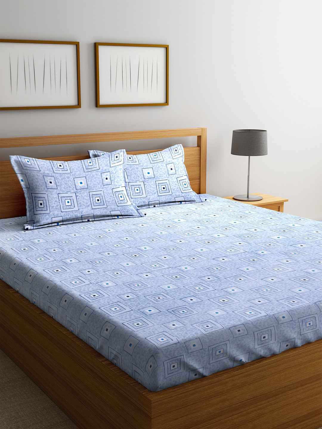 Buy MAFATLAL Blue Geometric Flat 180 TC Cotton 1 Queen Bedsheet With 2
