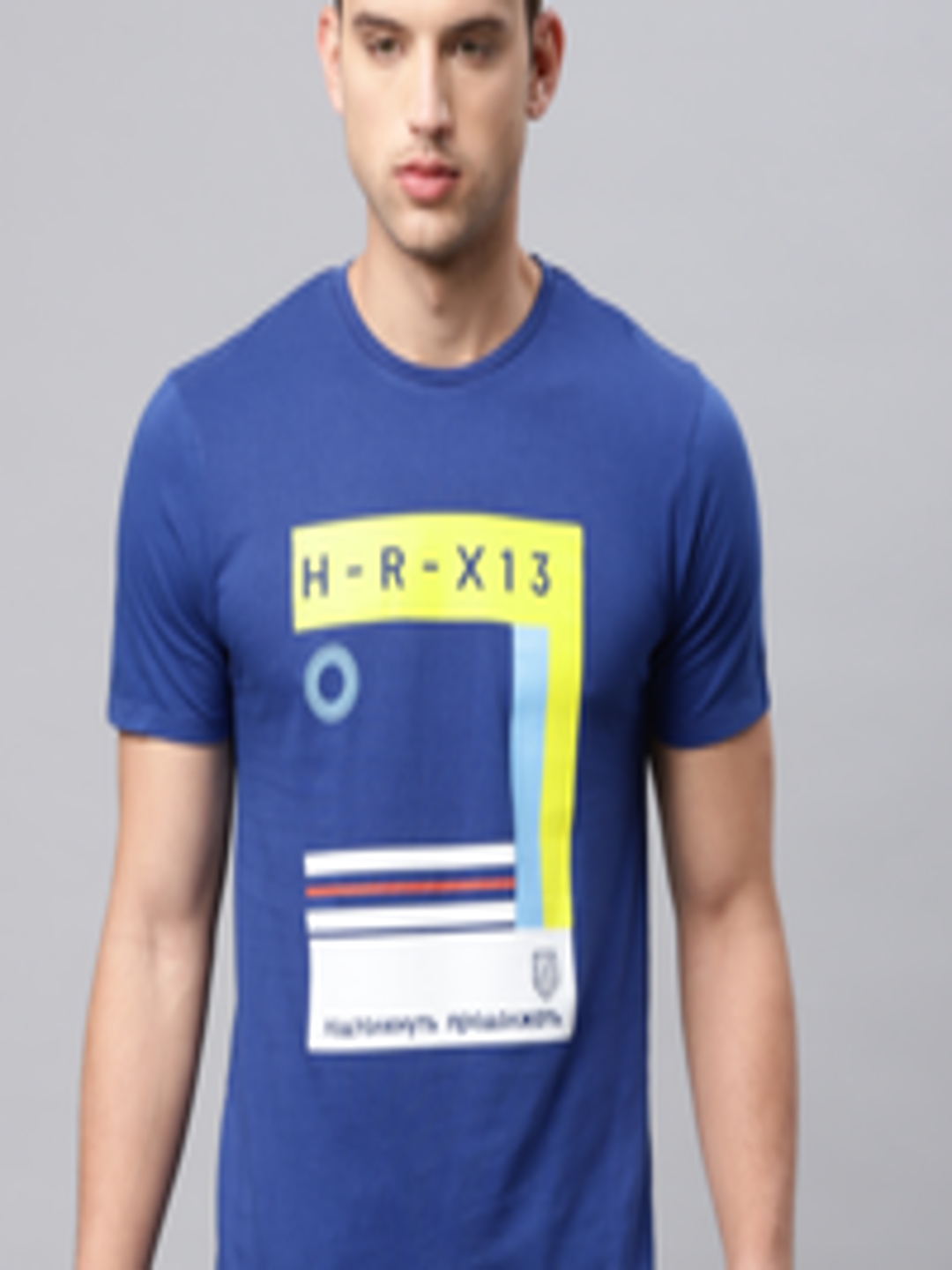Buy HRX By Hrithik Roshan Men Blue Printed Athleisure Round Neck Pure ...