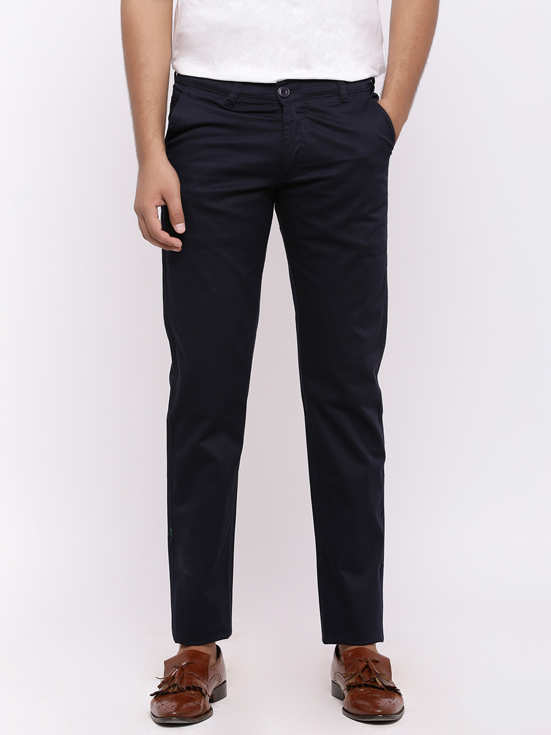 Buy Nation Polo Club Men Navy Blue Skinny Fit Solid Chinos Trousers