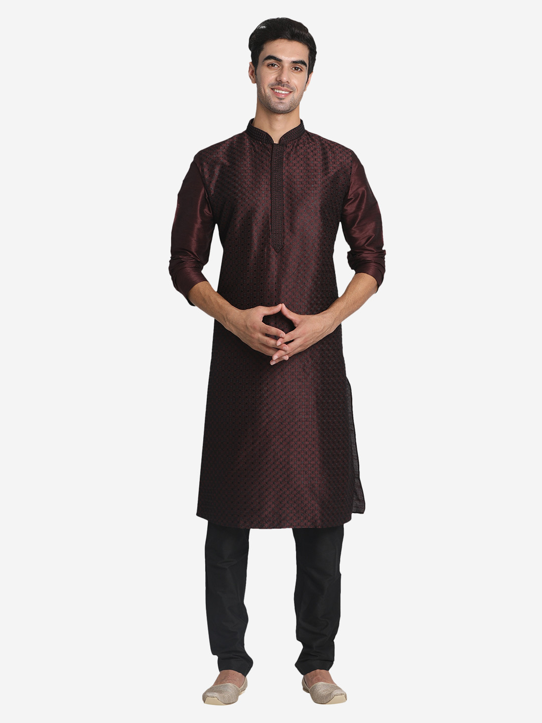 Men Maroon & Off-White Self Design Kurta with Churidar main image 1