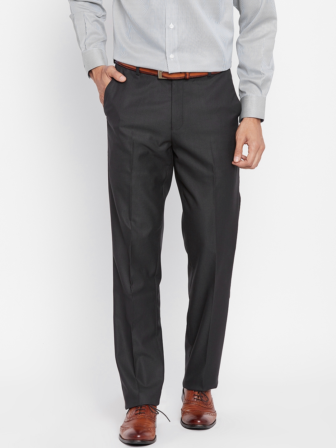 Buy John Players Men Charcoal Grey Regular Fit Solid Formal Trousers ...