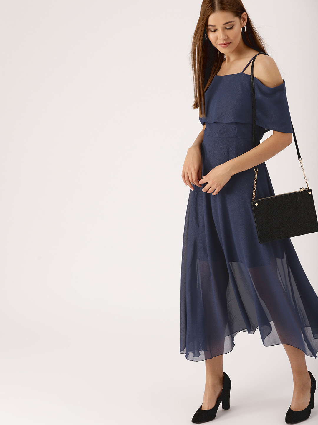 Women's Solid Navy Blue Flared Dress with Bag