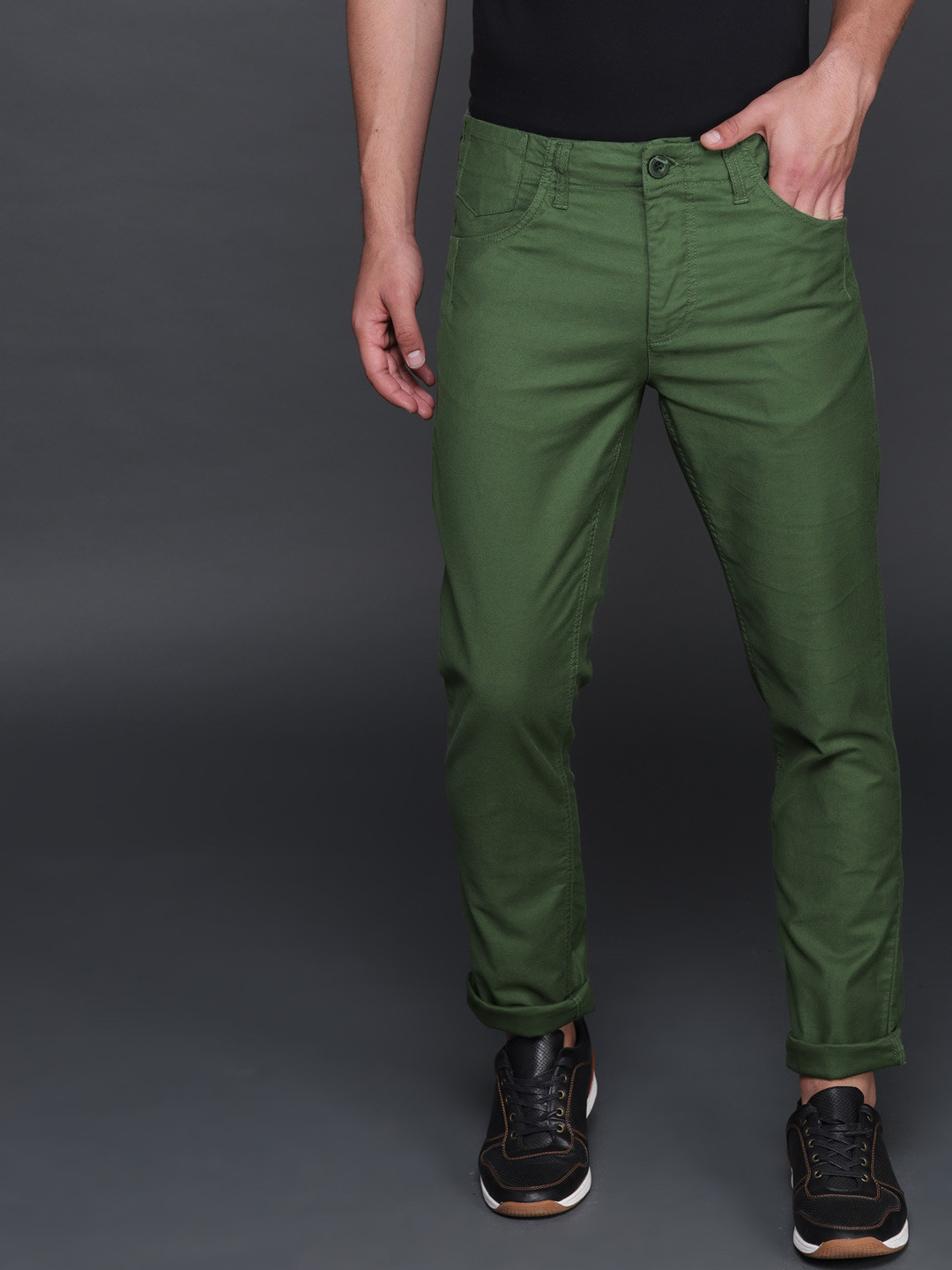 Buy WROGN Men Olive Green Slim Fit Solid Chinos - Trousers for Men ...