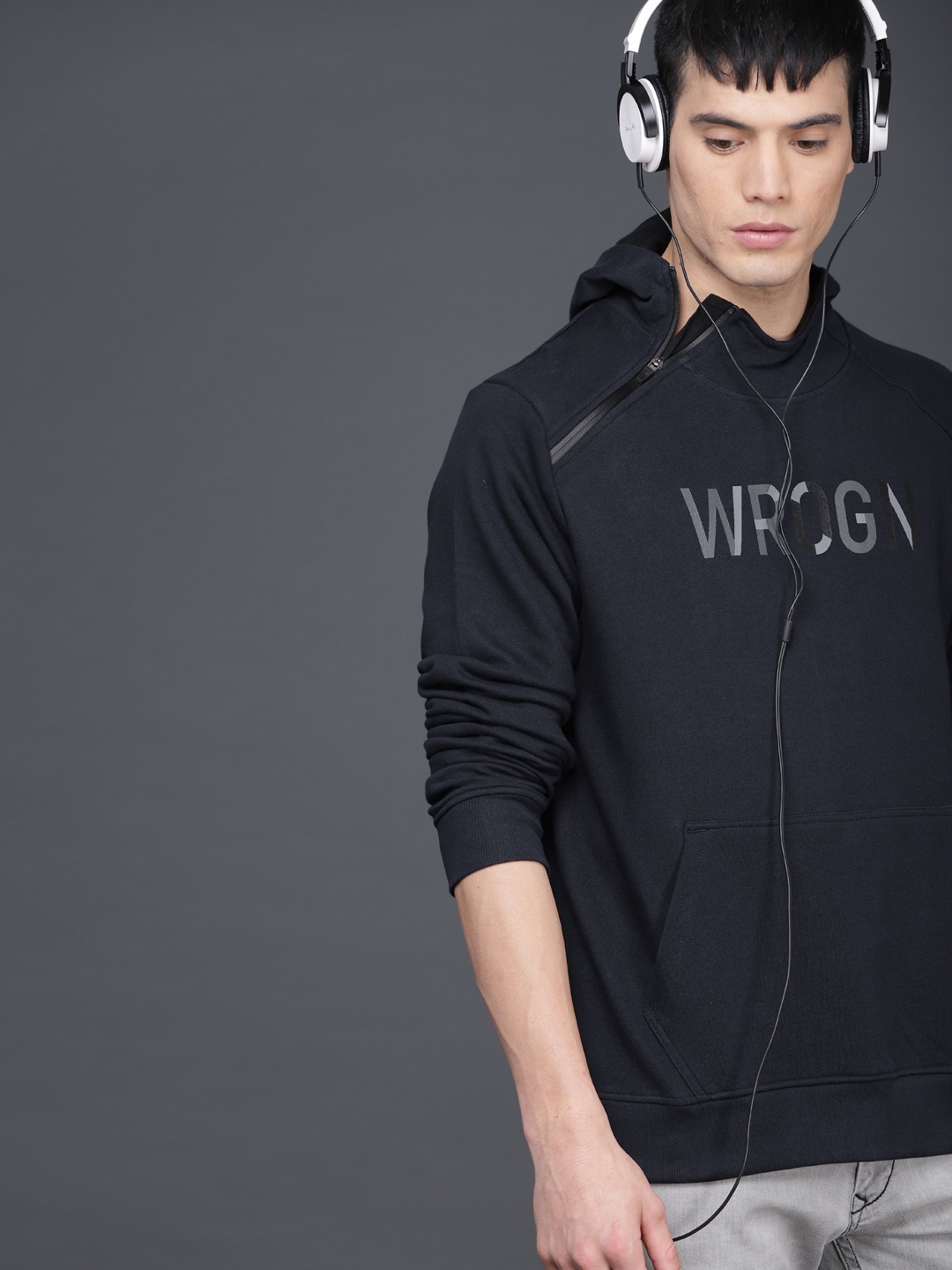 Buy WROGN Men Navy Printed Hooded Sweatshirt Sweatshirts for Men