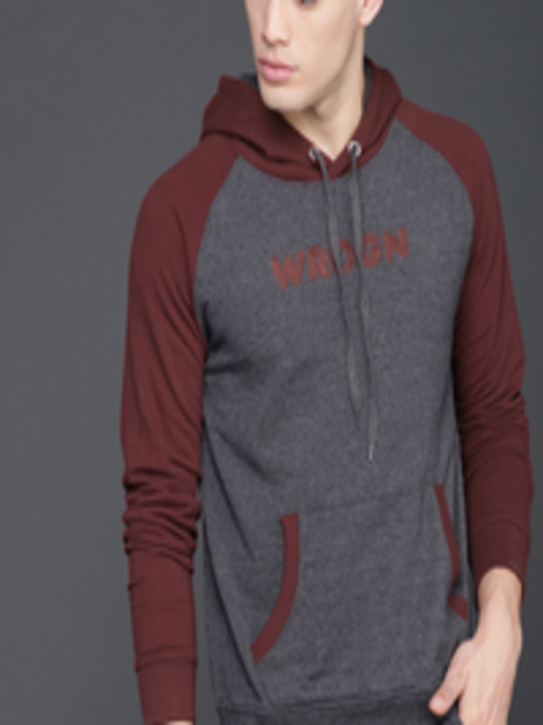 Buy WROGN Men Grey & Maroon Solid Hooded Sweatshirt - Sweatshirts for ...