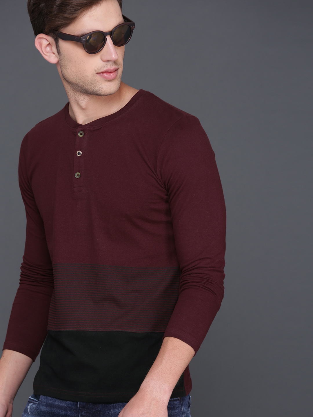 Buy WROGN Men Burgundy Striped Henley Pure Cotton T Shirt - Tshirts for ...