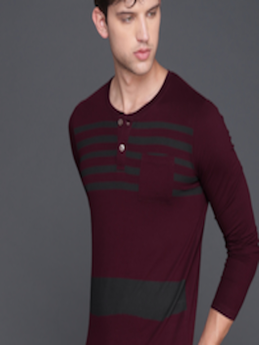 Buy WROGN Men Maroon Slim Fit Striped Henley Neck T Shirt - Tshirts for ...