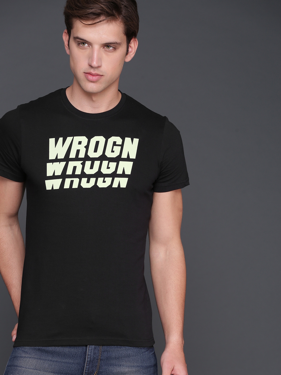 Buy WROGN Men Black Printed Slim Fit Round Neck Pure Cotton T Shirt ...