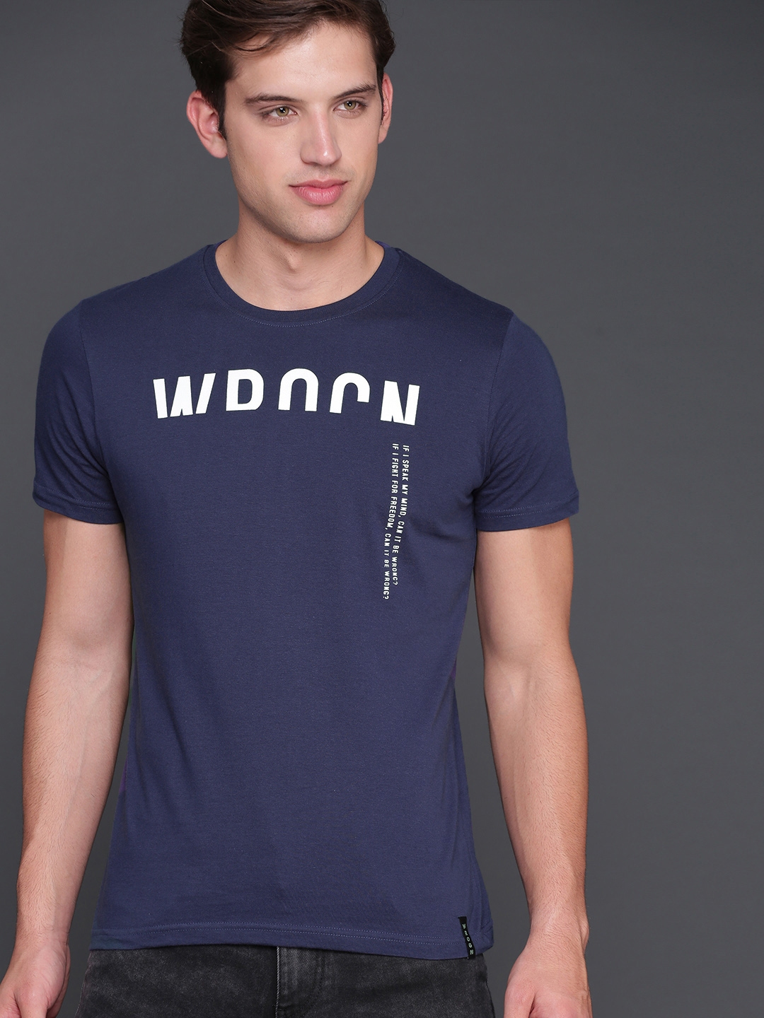 Buy WROGN Men Navy Blue Printed Round Neck T Shirt - Tshirts for Men ...