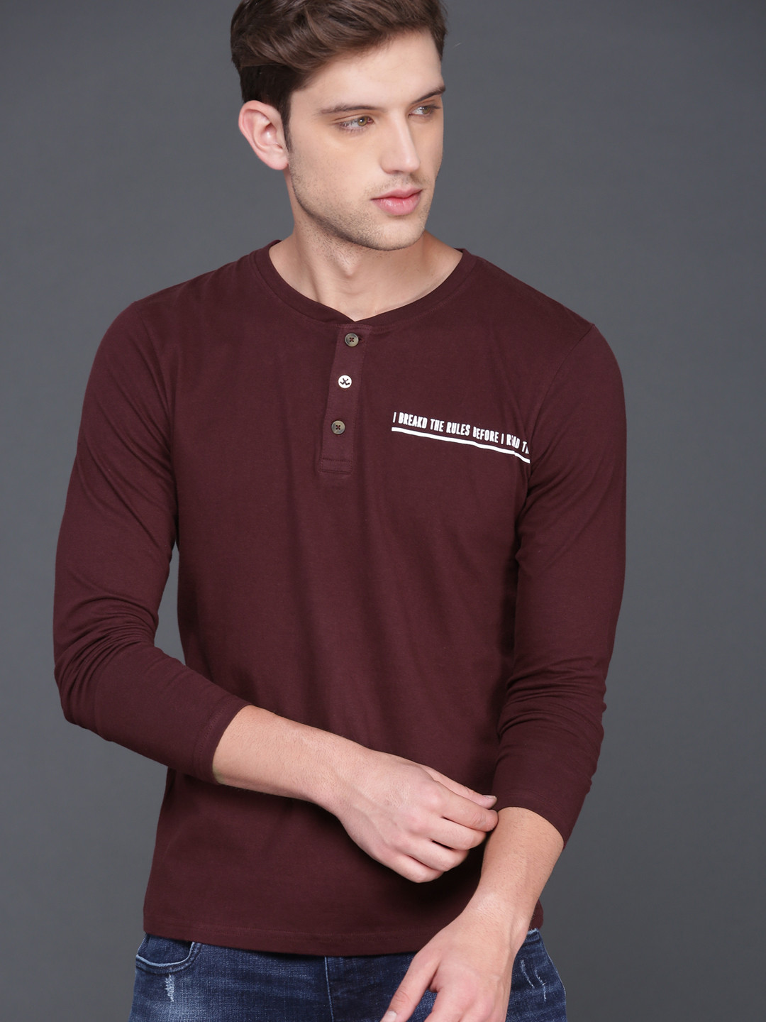 Buy WROGN Men Maroon Solid Henley T Shirt Tshirts for Men 6833283