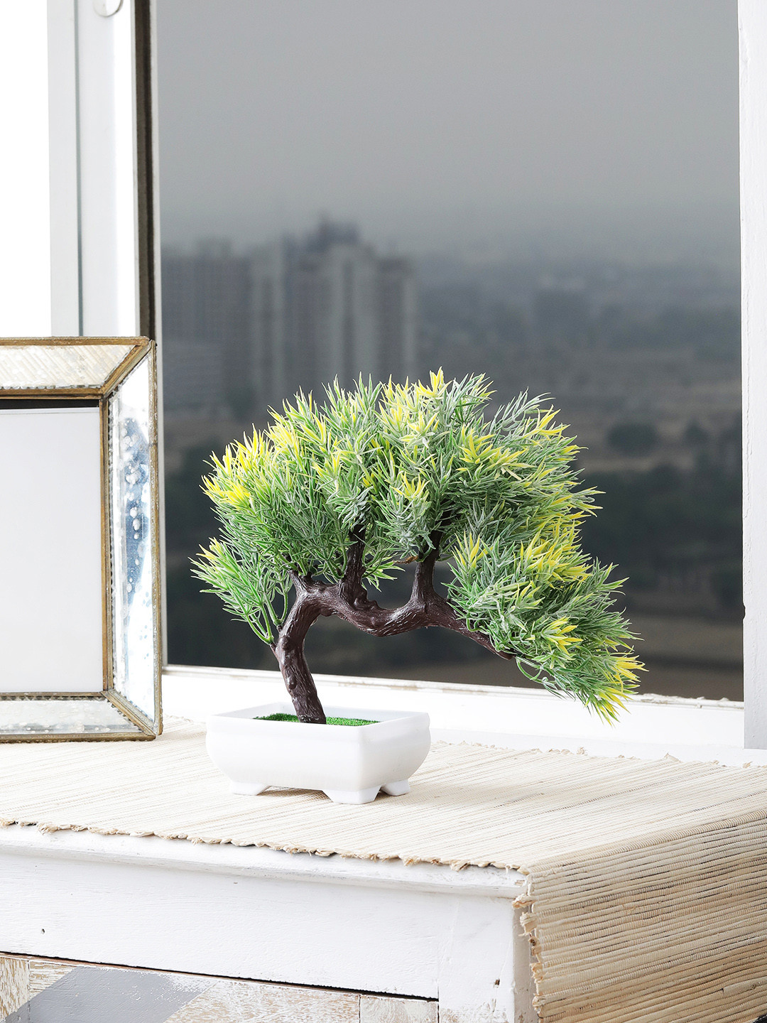 Buy FOLIYAJ Bent Artificial Bonsai Tree With Pot Artificial Flowers