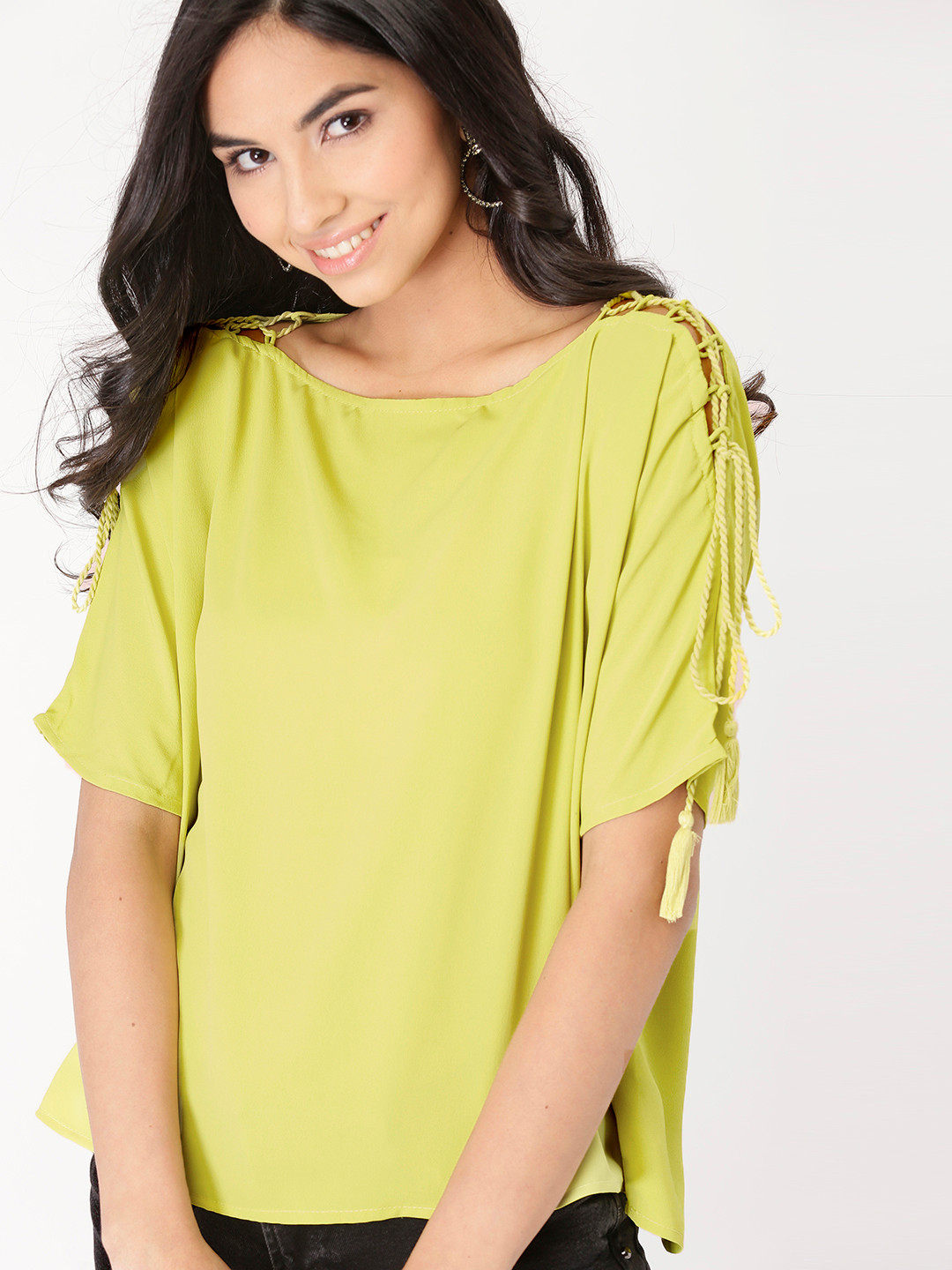 Buy DressBerry Women Lime Green Solid Boxy Top Tops for Women 6838514