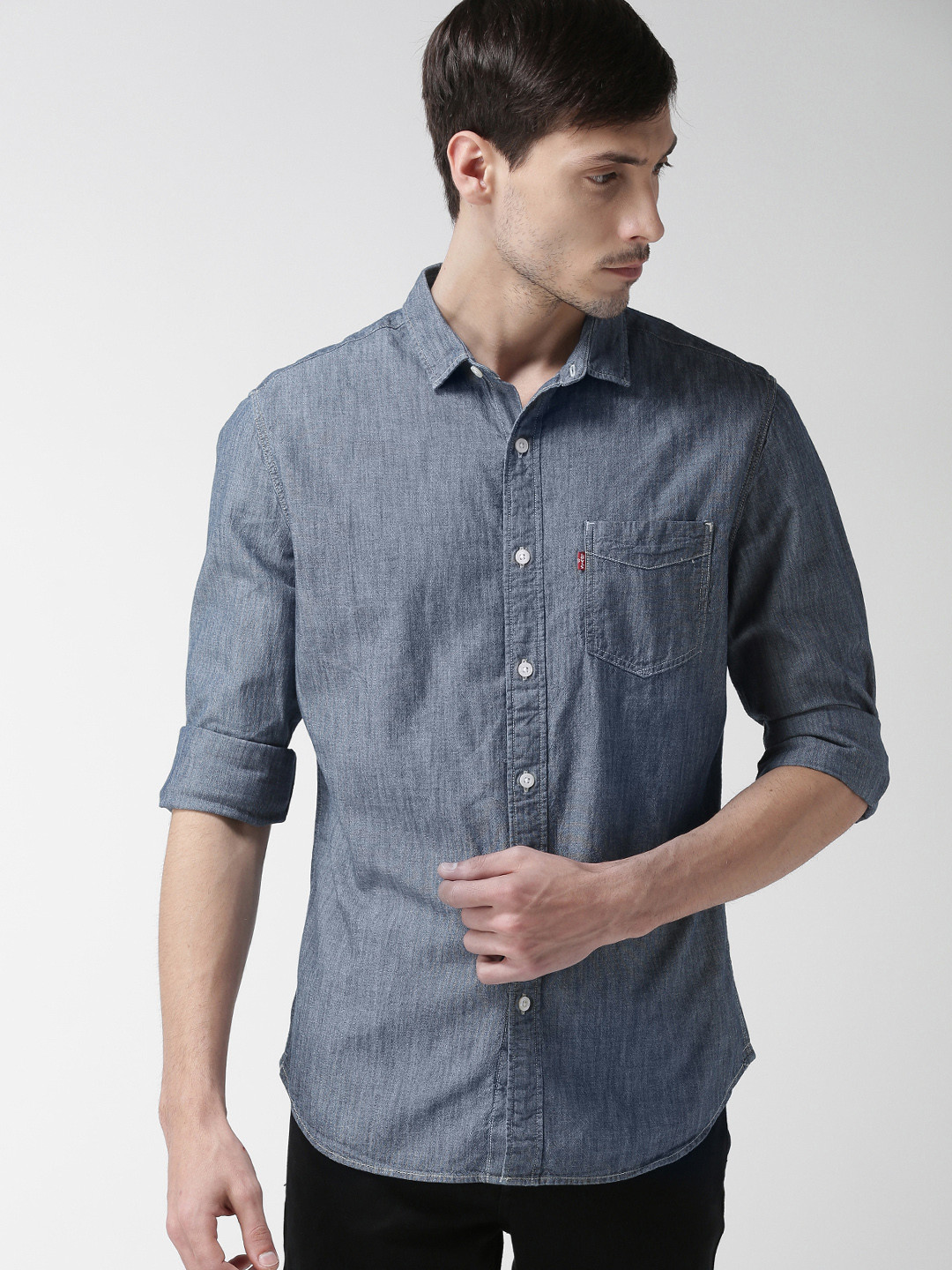 Men's Blue Slim Fit Chambray Spread Collar Cotton Casual Shirt