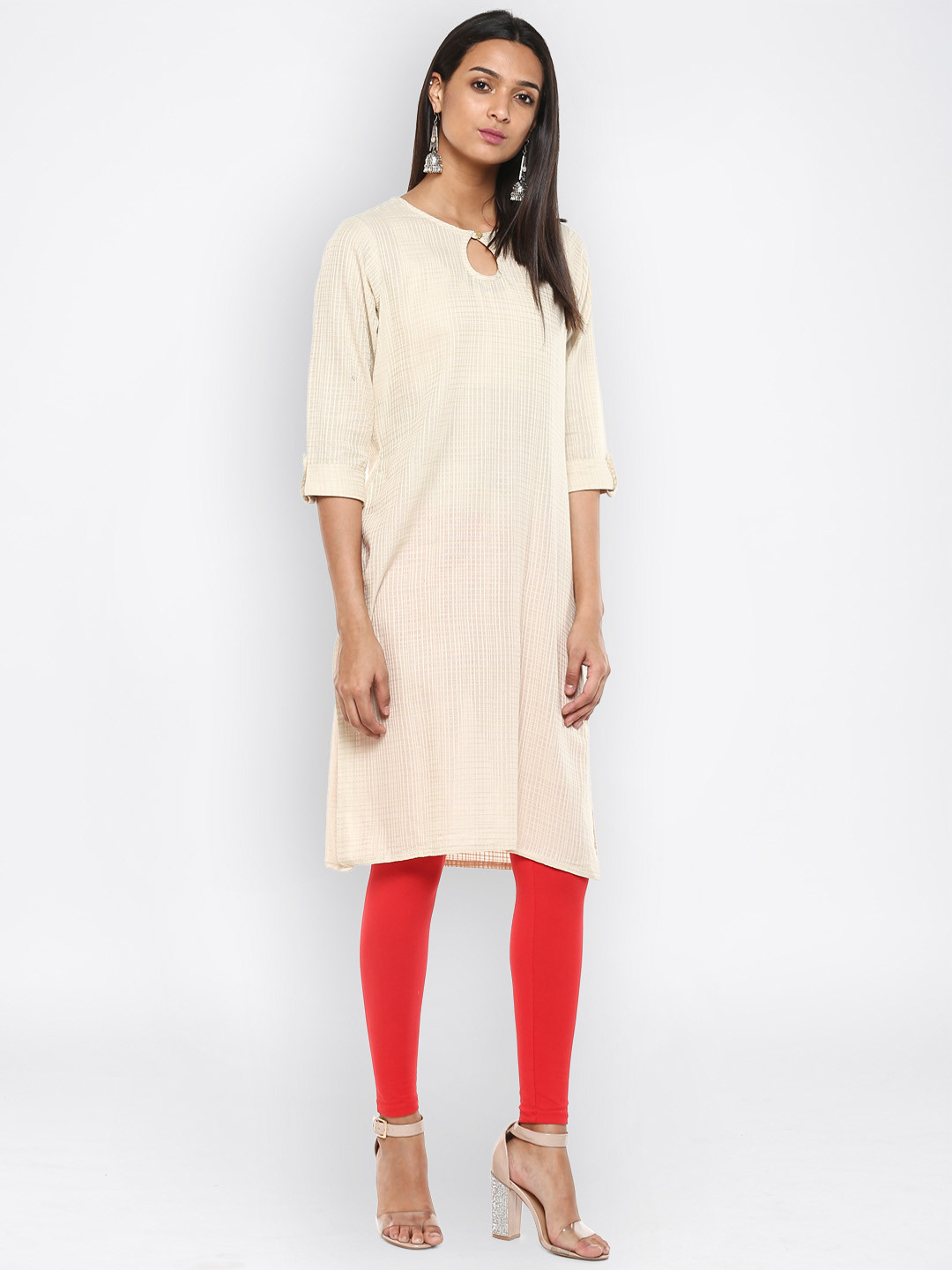 Buy Evam Women Cream Coloured Checked Straight Kurta Kurtas for Women