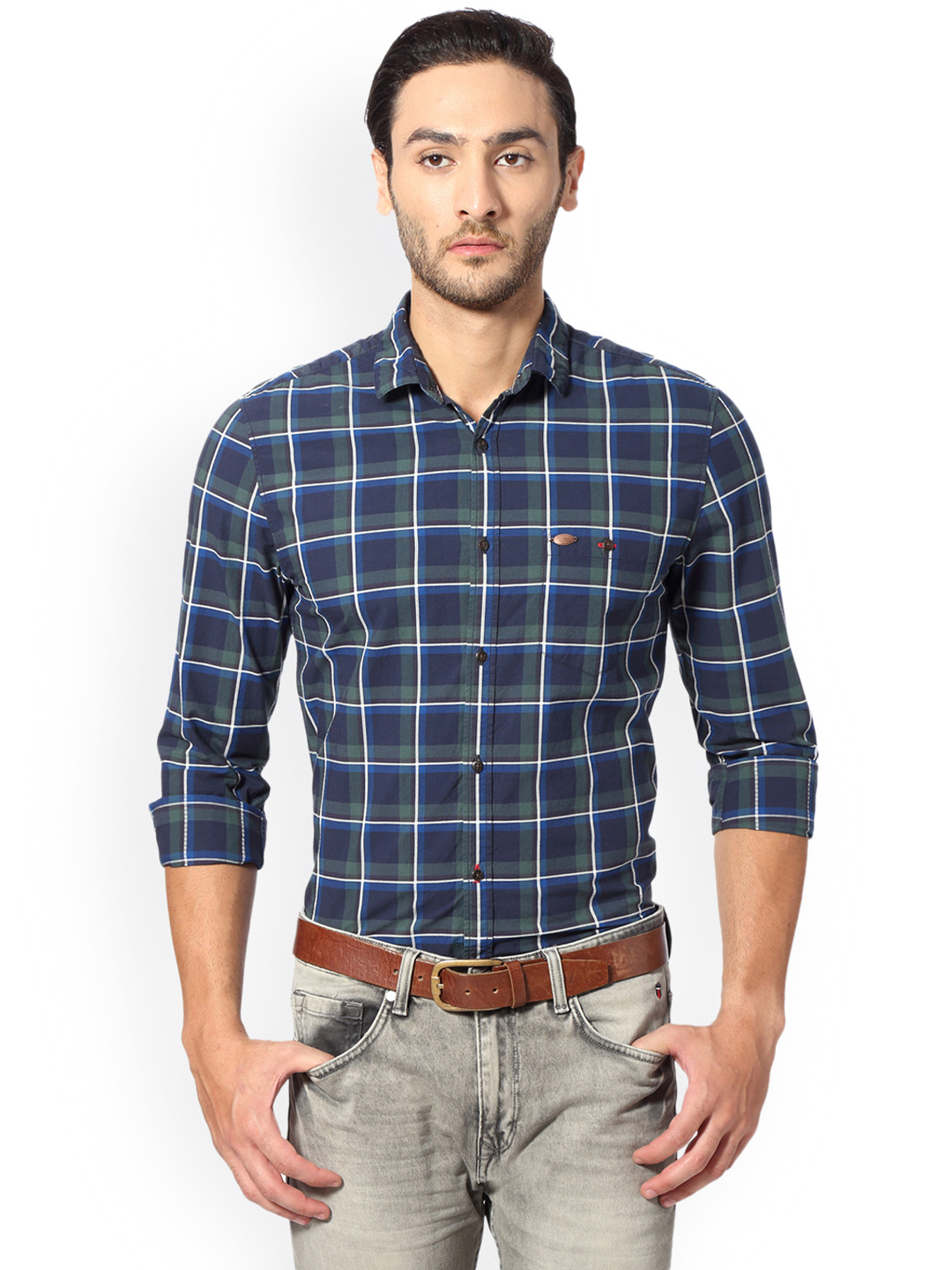 Buy Peter England Casuals Men Navy Blue & Green Slim Fit Checked Casual