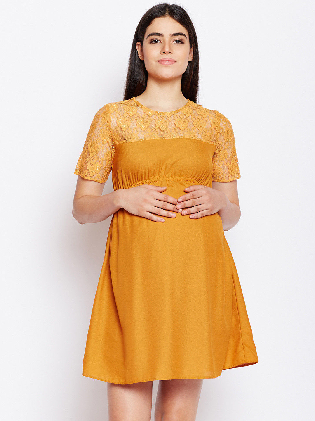 Buy Oxolloxo Mustard Yellow Maternity Self Design Empire Dress