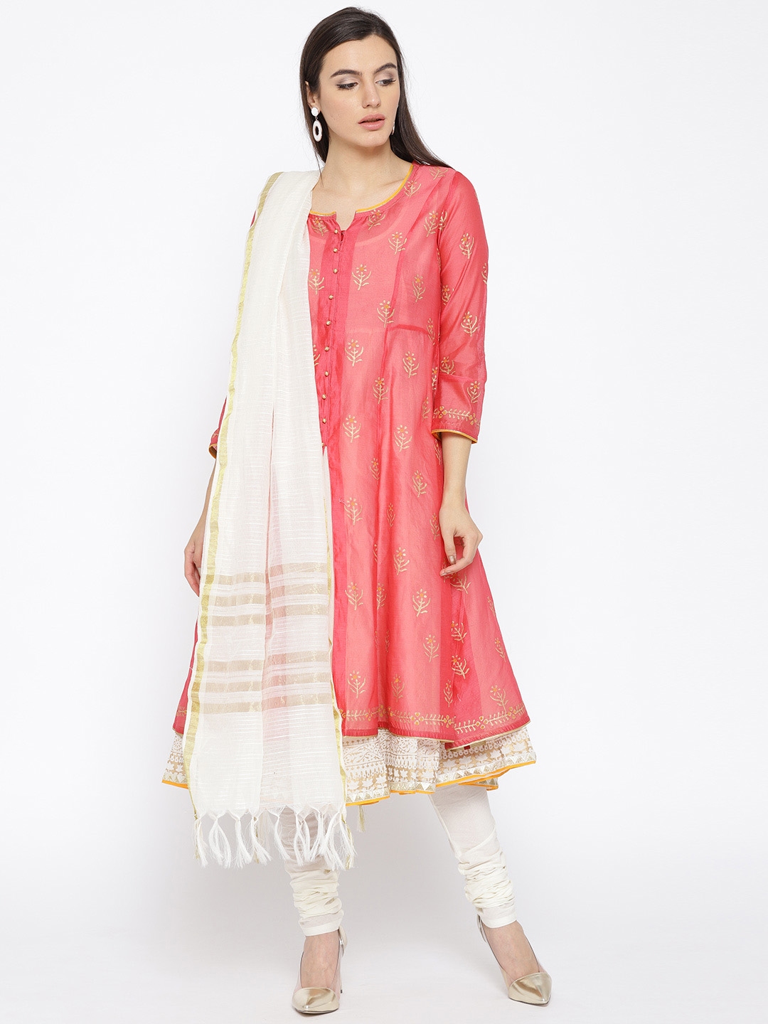 Buy Biba Women Pink & Off White Printed Kurta With Churidar & Dupatta ...