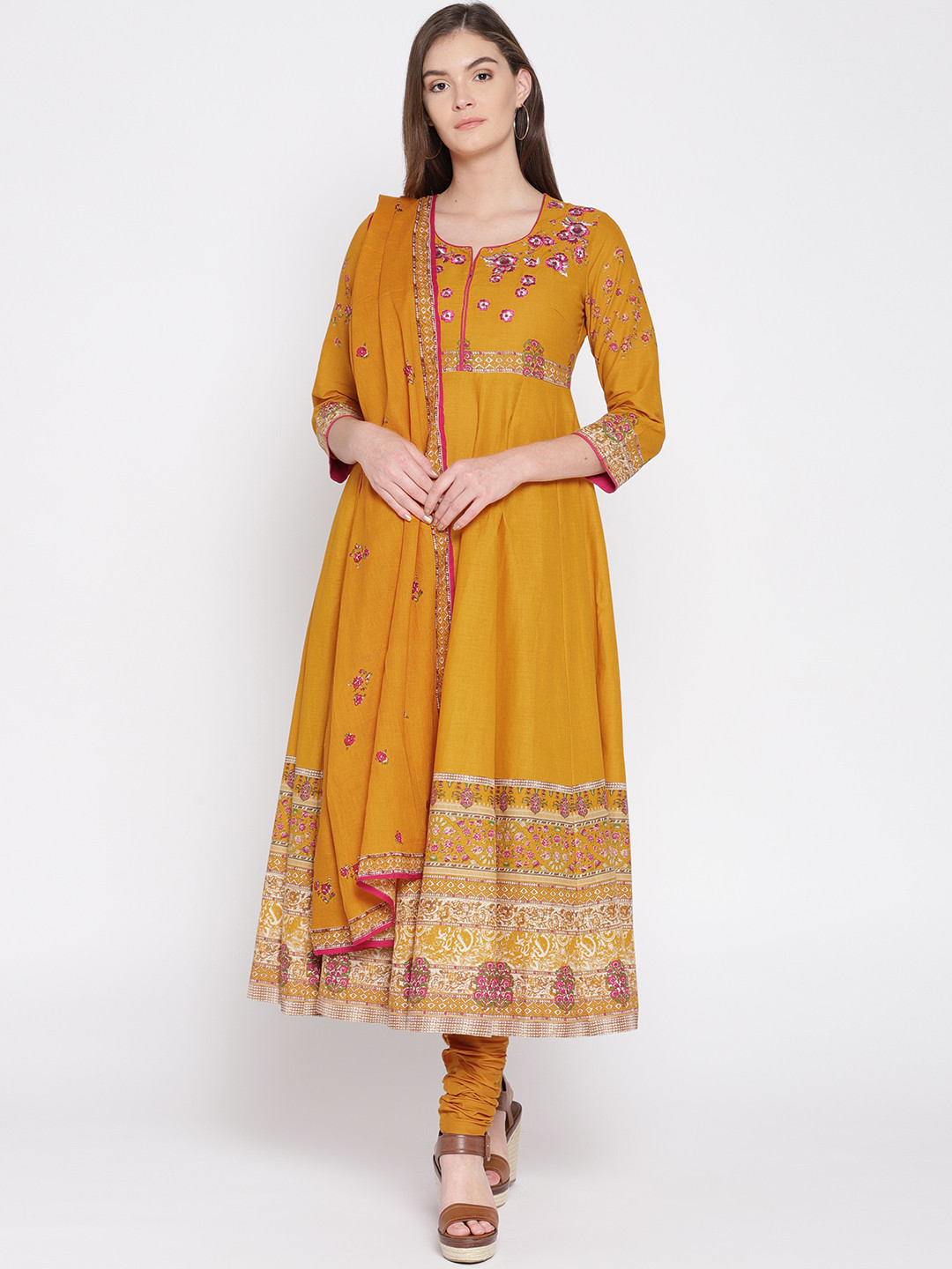 Buy Biba Women Mustard Yellow Printed Kurta With Churidar & Dupatta