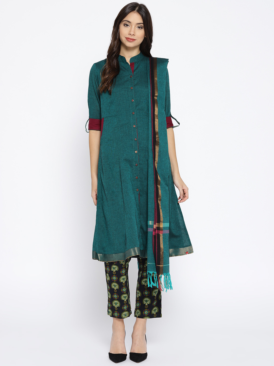 Buy Biba Women Teal Green & Black Solid Kurta With Trousers & Dupatta