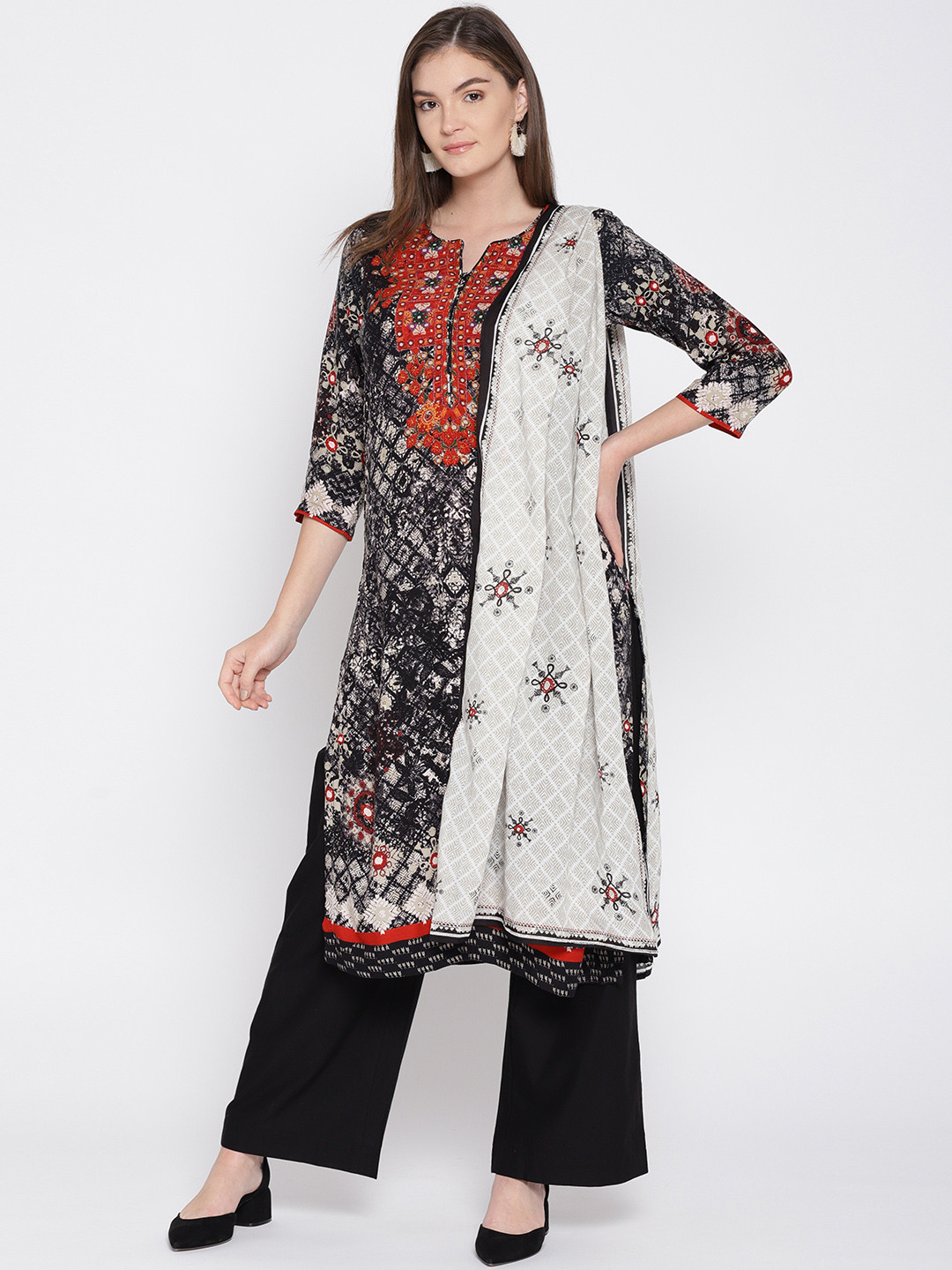Buy Biba Women Black & White Printed Kurta With Palazzos & Dupatta