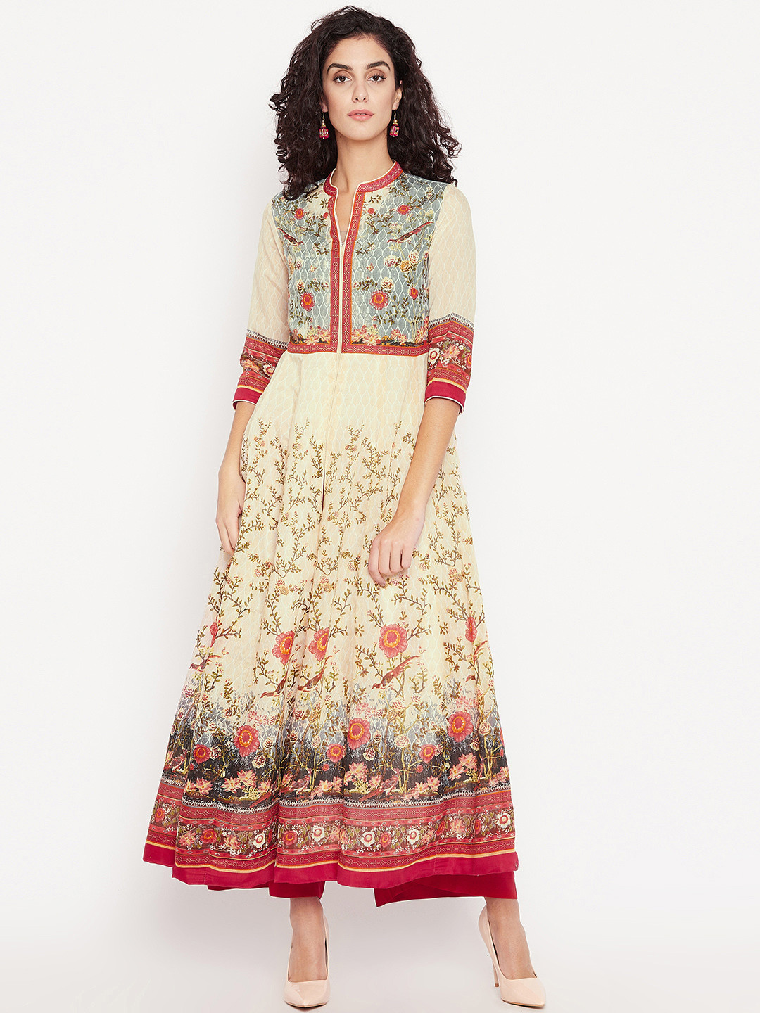 Buy Biba Women Cream Coloured & Red Printed Anarkali Kurta With