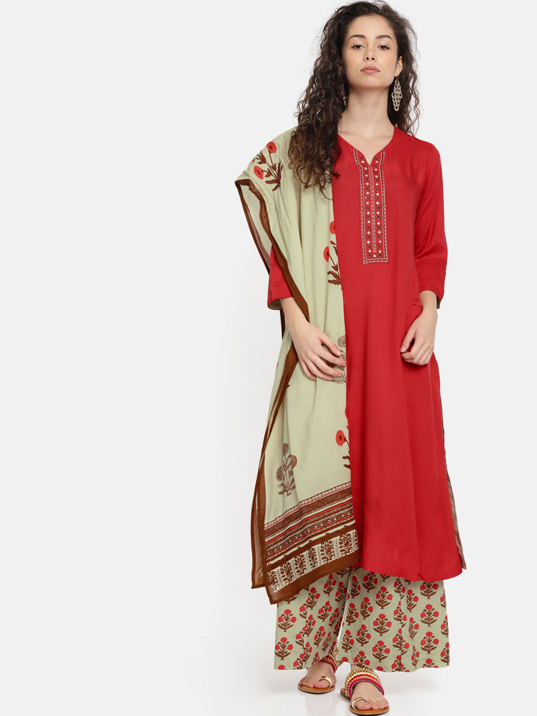 Buy Biba Women Red & Green Printed Kurta With Palazzos & Dupatta