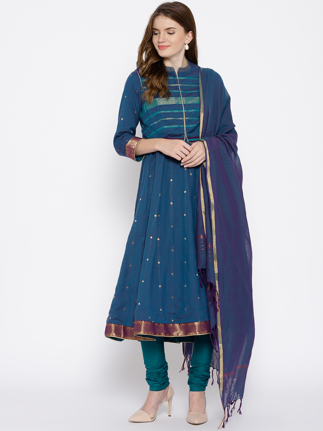 Buy Biba Women Teal Blue & Purple Self Design Kurta With Churidar