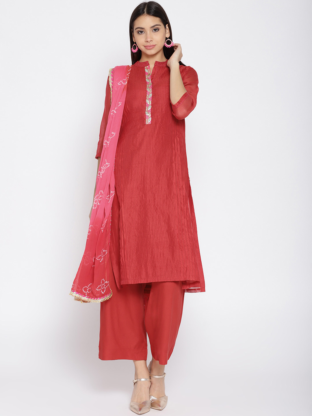 Buy Biba Women Red Solid Kurta With Palazzos & Dupatta Kurta Sets for