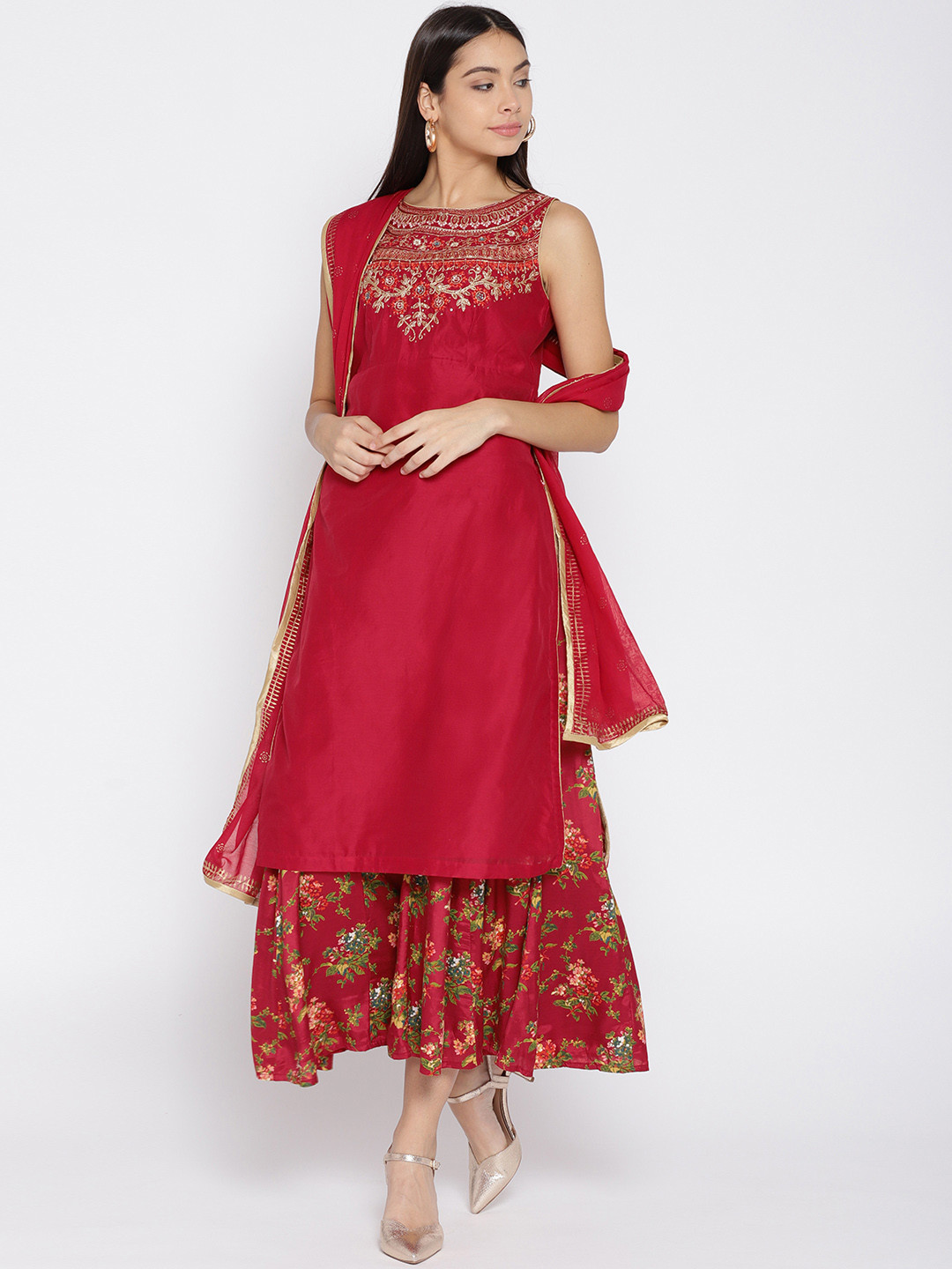 Buy Biba Women Red Printed Kurta With Palazzos & Dupatta Kurta Sets
