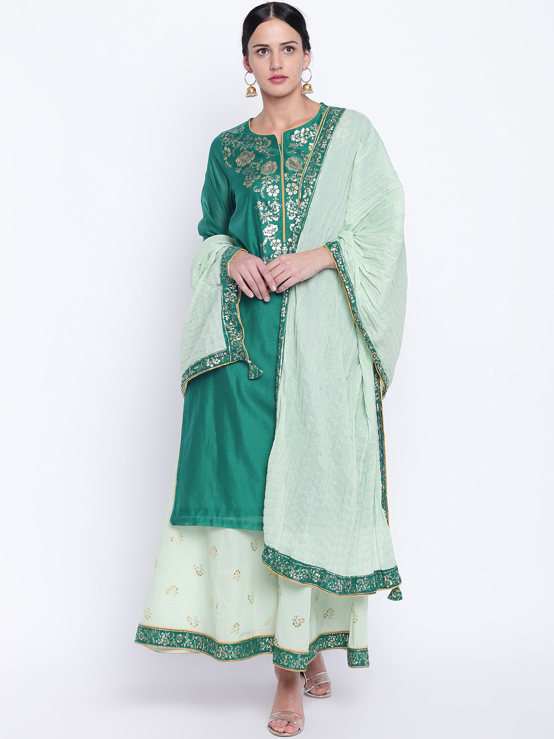 Buy Biba Women Teal & Golden Yoke Design Kurta With Palazzos & Dupatta
