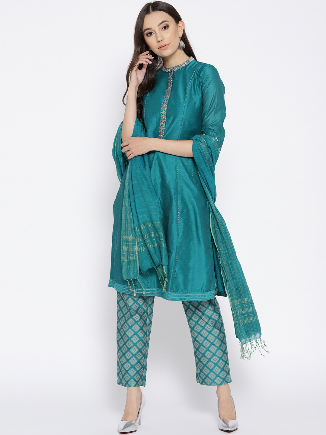 Buy Biba Women Teal Green Kurta With Trousers & Dupatta Kurta Sets