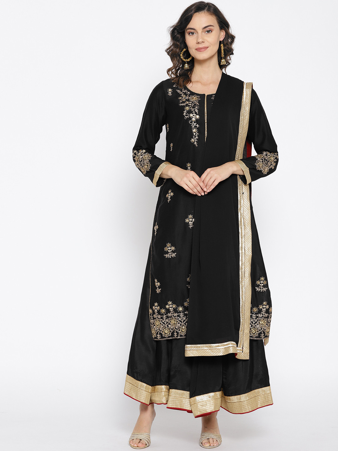 Buy Biba Women Black & Golden Embroidered Kurta With Skirt & Dupatta