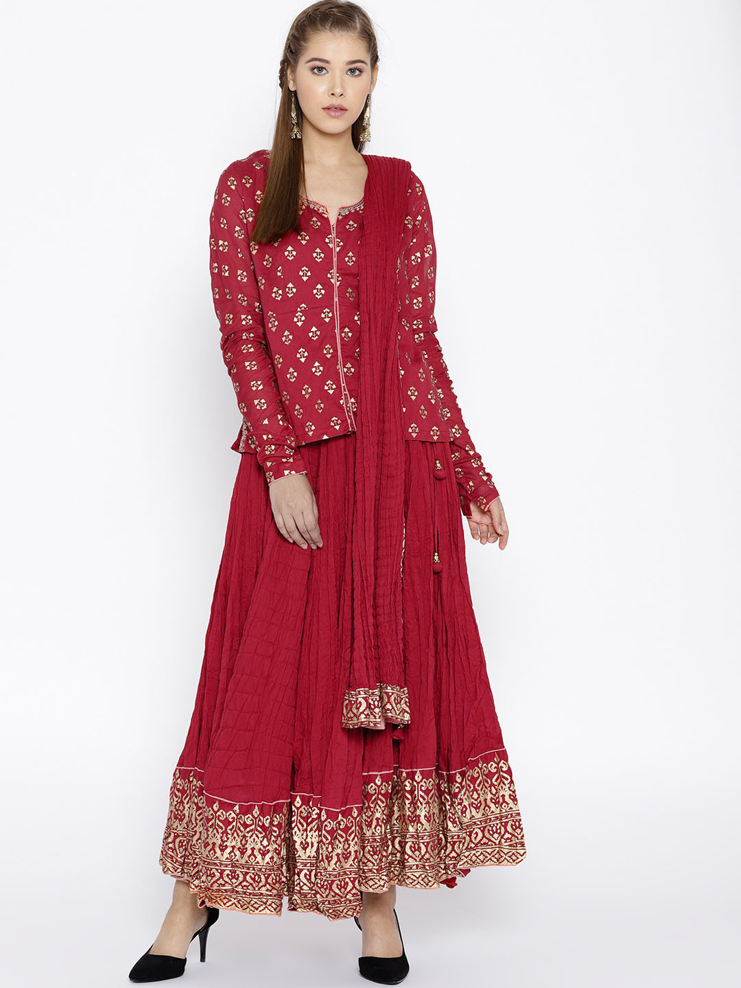 Buy Biba Women Red & Gold Toned Printed Kurti With Skirt & Dupatta