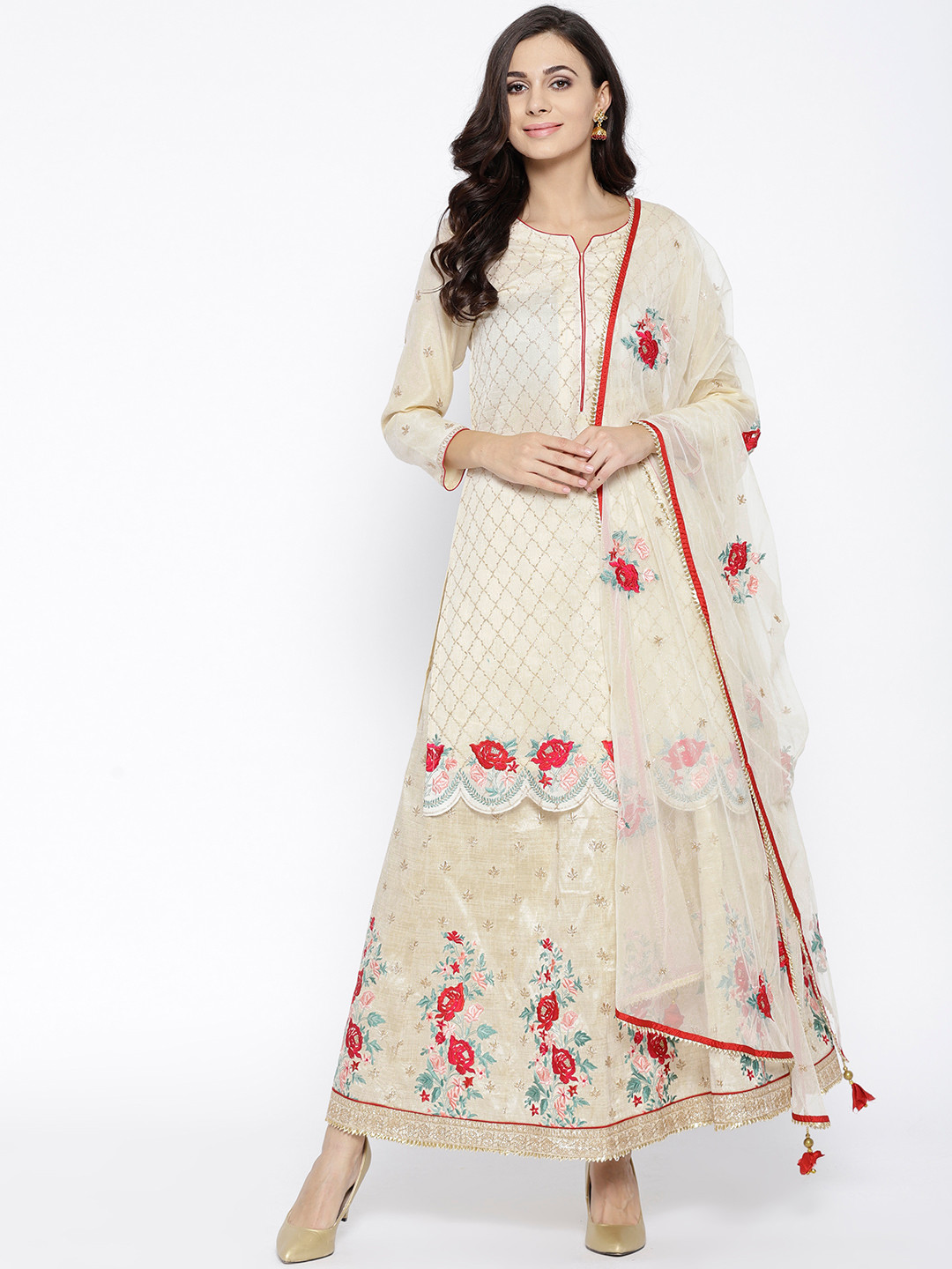 Buy Biba Women Off White & Red Embroidered Kurta With Skirt & Dupatta