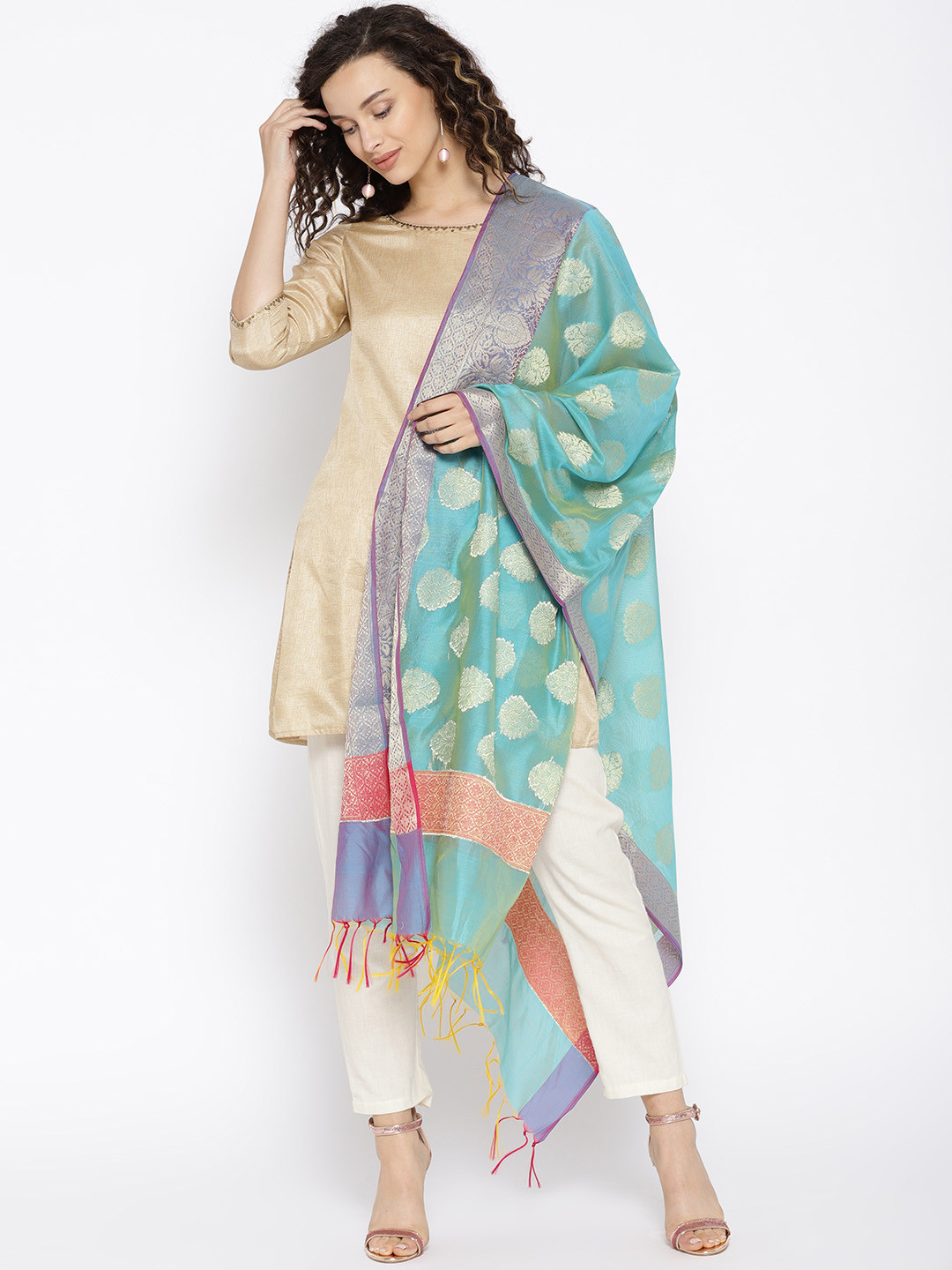Buy Biba Sea Green & Golden Woven Design Dupatta Dupatta for Women