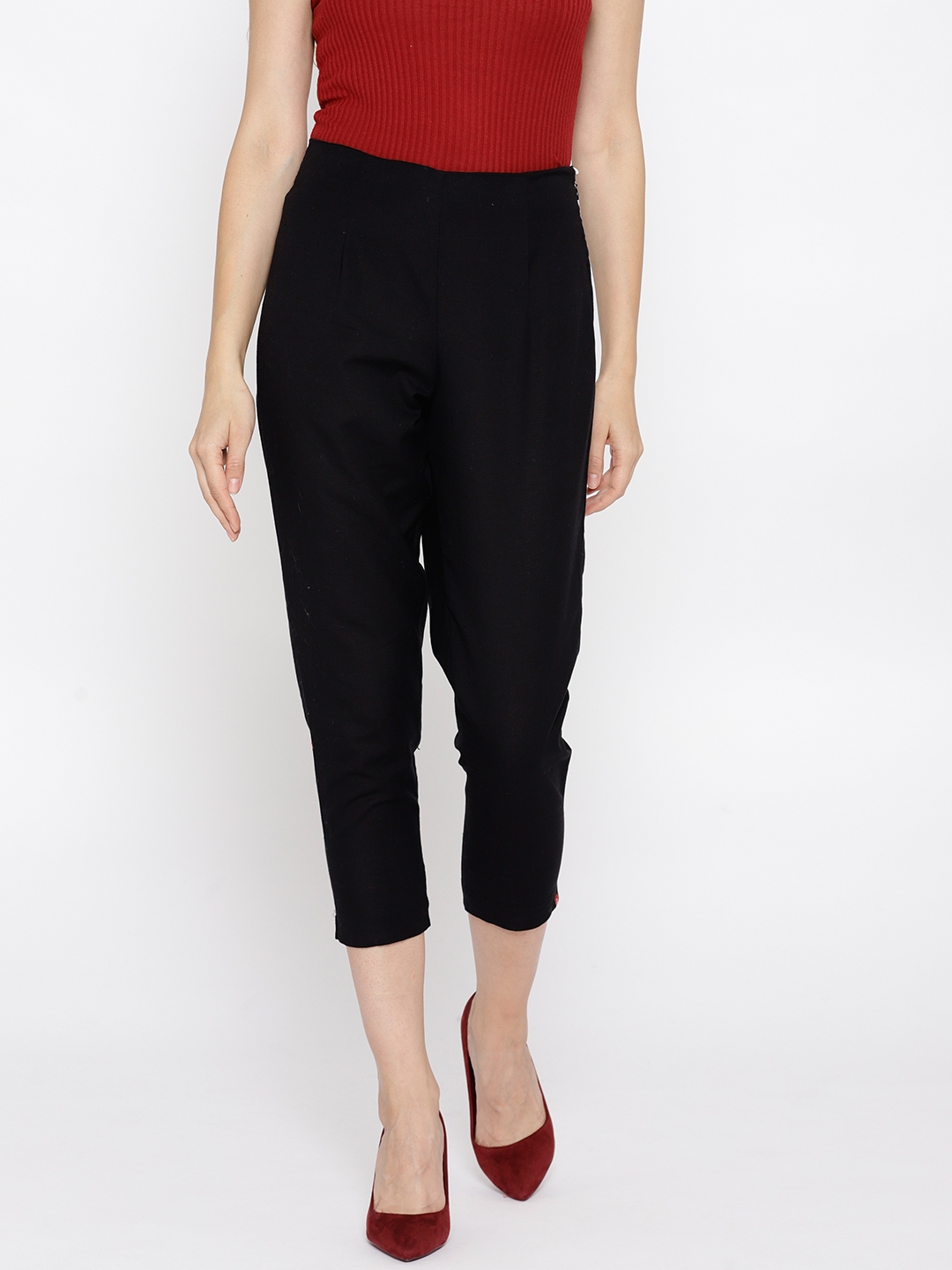 Buy Biba Women Black Regular Fit Solid Cropped Trousers - Trousers for ...
